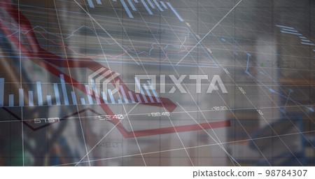 Image of financial data and graphs over warehouse Image of financial data and graphs over warehouse 98784307
