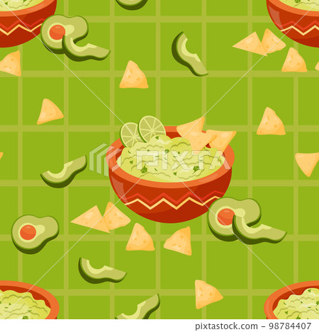 Seamless pattern with Mexican Guacamole. Sauce with lime pieces in bowl on green checkered background with nachos and avocado. Vector illustration. Endless background with latin american food. Seamless pattern with Mexican Guacamole. Sauce with lime pieces in bowl on green checkered background with nachos and avocado. Vector illustration. Endless background with latin american food. 98784407