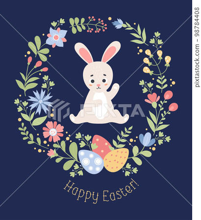 Cute Easter bunny with flowers and easter eggs. Holiday poster Happy Easter. Vector illustration in flat style with cartoon rabbit for greeting cards, design, decor and print. Cute Easter bunny with flowers and easter eggs. Holiday poster Happy Easter. Vector illustration in flat style with cartoon rabbit for greeting cards, design, decor and print. 98784408