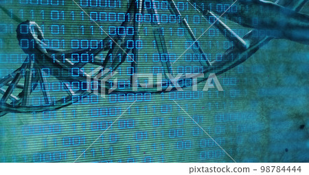 Image of dna rotating over binary code on green background Image of dna rotating over binary code on green background 98784444