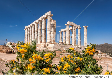 Cape Sounion with ruins of an ancient Greek temple of Poseidon in Attica, Greece Cape Sounion with ruins of an ancient Greek temple of Poseidon in Attica, Greece 98784761