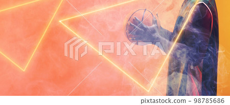 Midsection of african american basketball player holding ball by triangles on smoky background Midsection of african american basketball player holding ball by triangles on smoky background 98785686