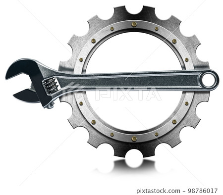 Stainless Steel Adjustable Wrench and Metal Gear Isolated on White Background Stainless Steel Adjustable Wrench and Metal Gear Isolated on White Background 98786017
