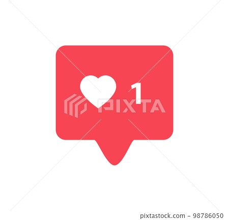 Notifications icon Like, speech bubble. Like icon with heart, one like and shadow for social network on red background. Speech bubble, poster and sticker concept for banner, web. Vector Illustration 98786050