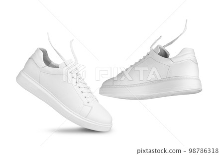 Fly White sneakers and floating ropes. Isolated on a white background Fly White sneakers and floating ropes. Isolated on a white background 98786318