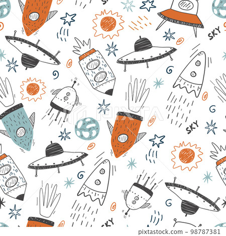 Seamless childish cosmic pattern with cute rockets, lettering and stars in space. Repeating texture doodle style universe. 98787381