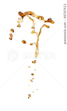 Coffee drink Shape form droplet of espresso splashes into drop cola line tube attack fluttering in air and stop motion freeze shot. Splash soyu soy sauce coffee drink texture graphic resource elements 98787412
