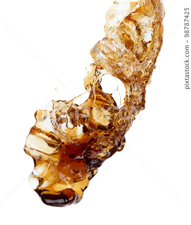 Coffee drink water mix ice cube fall pouring down in Shape form line of espresso black coffee splashes into drop soda cola attack fluttering in air, stop motion freeze shot. Splash coffee cola drink 98787425