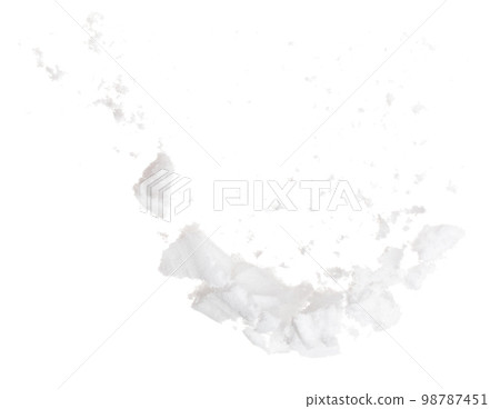 Photo image of falling down snow, heavy big small size snows. Freeze shot on white background isolated overlay. Fluffy White snowflakes splash cloud in mid air. Real Snow high speed shutter 98787451