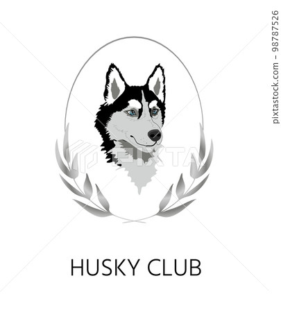 Husky portrait inside silver wreath or garland 98787526