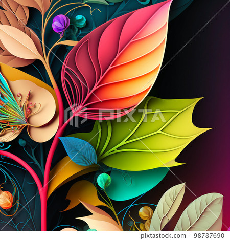 Original floral design with exotic flowers and tropic leaves. Colorful flowers on dark background. 98787690