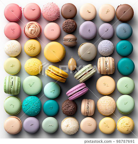 Cake macaron or macaroon flat lay on background, colorful bright almond cookies, vibrant colors. 98787691