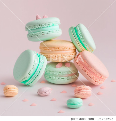 Cake macaron or macaroon stack on pink background, colorful mint and pink almond cookies, pastel colors. 98787692