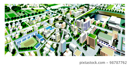 A beautiful spring cityscape and scenery of life with cherry blossoms. Urban development that blends nature and houses where people can live brightly. 98787762