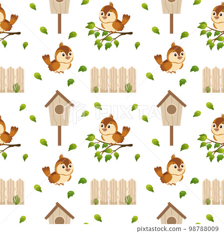 Seamless spring pattern, cute sparrow birds on branches, birdhouses, wooden fences on a white background. Background, baby wallpaper, textile, vector 98788009