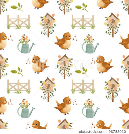 Seamless spring pattern, cute birds, birdhouses, watering cans with flowers on a white background. Background, baby wallpaper, textile, vector Seamless spring pattern, cute birds, birdhouses, watering cans with flowers on a white background. Background, baby wallpaper, textile, vector 98788010