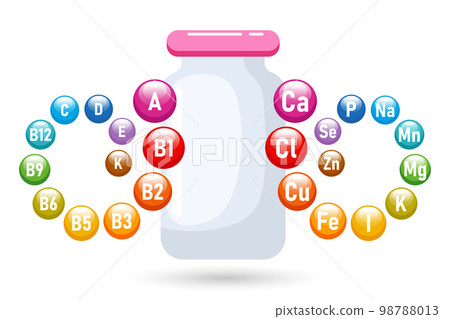 Illustration of vitamin and mineral nutrition, healthy food. Medicinal bottle with minerals and vitamins. The concept of medicine and healthcare. Vector Illustration of vitamin and mineral nutrition, healthy food. Medicinal bottle with minerals and vitamins. The concept of medicine and healthcare. Vector 98788013