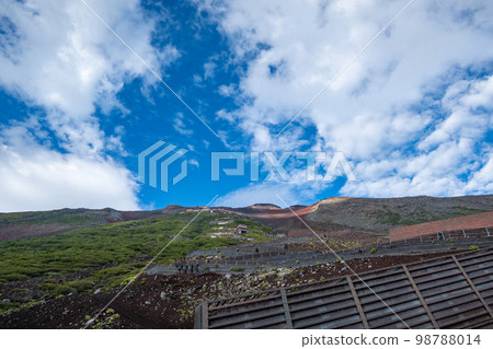 Mt Fuji trail on Fujiyoshida route with blue sky in Fujiyoshida, Yamanashi, Japan. August 4, 2022 Mt Fuji trail on Fujiyoshida route with blue sky in Fujiyoshida, Yamanashi, Japan. August 4, 2022 98788014
