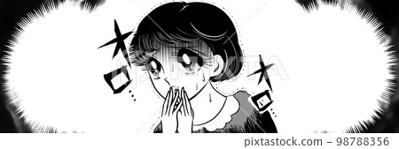 昭和復古 70 年代黑白鋼筆劃女孩卡通恐怖插圖害怕的黑髮女孩烏雲透明背景 98788356