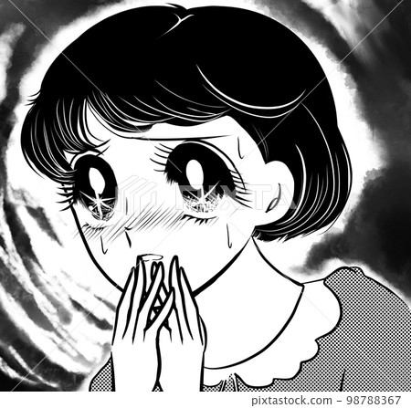 Showa Retro 70s Black and White Pen Drawing Girl Cartoon Horror Illustration of Scared Black-Haired Girls Dark Clouds Transparent Background 98788367
