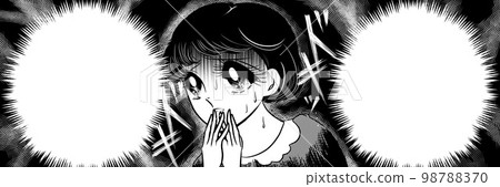 Showa Retro 70s Black and White Pen Drawing Girl Cartoon Horror Wide Illustration of Scared Black-Haired Girls Dark Clouds Transparent Background 98788370