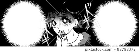 Showa Retro 70s Black and White Pen Drawing Girl Cartoon Horror Wide Illustration of Scared Black-Haired Girls Dark Clouds Transparent Background 98788372