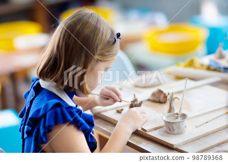 Child at pottery wheel. Kids arts and crafts class Child at pottery wheel. Kids arts and crafts class 98789368