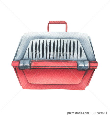 Plastic, red pet carrier. Watercolor illustration. Isolated object on a white background from the VETERINARY collection. For the design and decoration of the clinic, shop, prints, posters. Plastic, red pet carrier. Watercolor illustration. Isolated object on a white background from the VETERINARY collection. For the design and decoration of the clinic, shop, prints, posters. 98789861