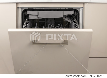 Front view of a dishwasher for washing dishes. Kitchen design. 98790293