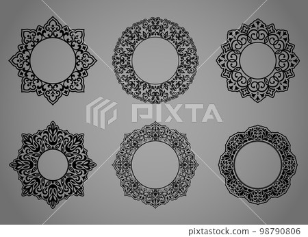 Set of decorative frames Elegant vector element for design in Eastern style, place for text. Floral black and gray borders. Lace illustration for invitations and greeting cards. Set of decorative frames Elegant vector element for design in Eastern style, place for text. Floral black and gray borders. Lace illustration for invitations and greeting cards. 98790806