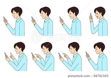 A set of facial expressions for a man who sees and operates a smartphone screen A set of facial expressions for a man who sees and operates a smartphone screen 98792383