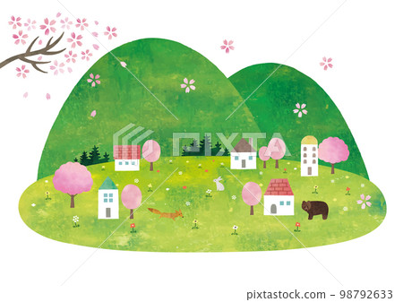 草原、房屋、櫻花山、動物自然山水水彩畫 98792633