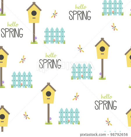 cartoon vector seamless pattern with cute bird house 98792656