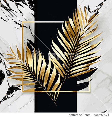 Golden palm leaves on white and black marble background, template, postcard - Vector Golden palm leaves on white and black marble background, template, postcard - Vector 98792871
