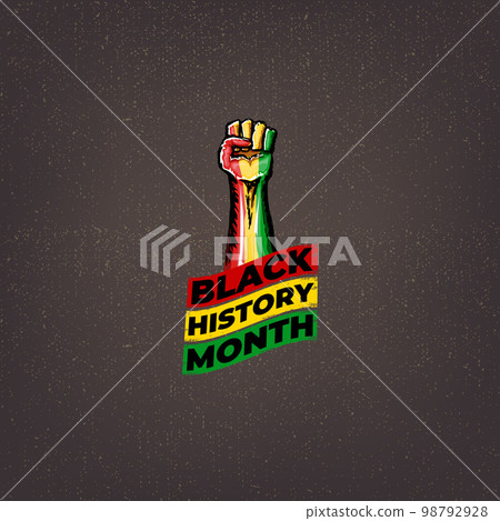 Vintage Black history month square banner with protest raised fist colored in African flag isolated on brown background. Vector Black history month label, icon and sticker with mans fist Vintage Black history month square banner with protest raised fist colored in African flag isolated on brown background. Vector Black history month label, icon and sticker with mans fist 98792928
