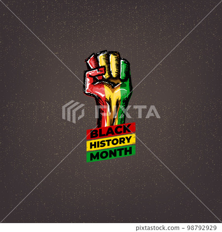 Vintage Black history month square banner with protest raised fist colored in African flag isolated on brown background. Vector Black history month label, icon and sticker with mans fist 98792929