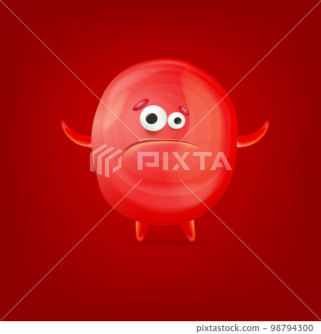 Vector cartoon funny red christmas monster isolated on red background. Sad silly red monster print sticker design template. Cute sad Ghost, troll, gremlin, goblin, devil and halloween monster 98794300