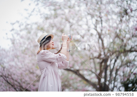 asian woman photographer travel outdoor with pink flower in springtime season asian woman photographer travel outdoor with pink flower in springtime season 98794558