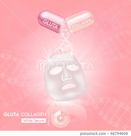 Pink glutathione and collagen pack with capsule and the third ingredient can be separated. On a light pink background. Healthy life medical and dietary supplement. 98794608