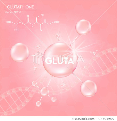 Pink glutathione pack with capsule and the third ingredient can be separated. On a light pink background. Healthy life medical and dietary supplement. Vector 3D 98794609