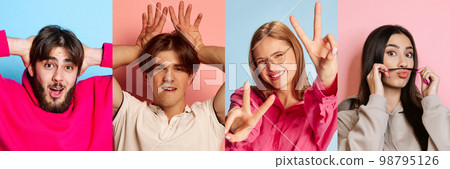 Collage of ethnically diverse happy excited young people having fun, grimacing over multicolored background. Concept of happiness, delight, facial expression Collage of ethnically diverse happy excited young people having fun, grimacing over multicolored background. Concept of happiness, delight, facial expression 98795126