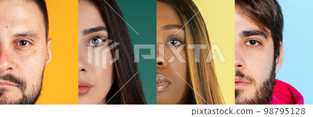 Collage. Half-faced portraits of young people, men and women looking at camera isolated over multicolored background. Concept of youth, emotions, facial expression, lifestyle. 98795128