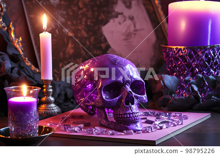 Magic purple gemstones and skull for esoteric spiritual practice, Healing Crystal Ritual, Witchcraft, future predictions. Generative AI illustration 98795226