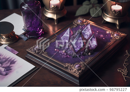 Magic purple gemstones for esoteric spiritual practice, Healing Crystal Ritual, Witchcraft, future predictions. Generative AI illustration 98795227