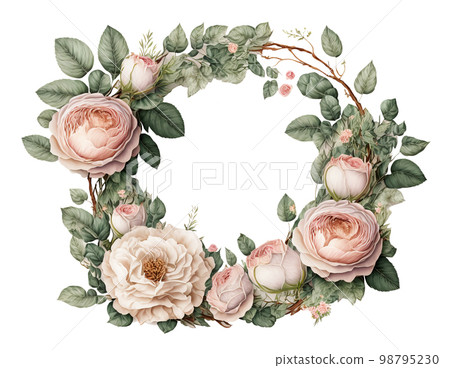 Watercolor floral frame wreath from ivory pastel roses. Generative AI illustration Watercolor floral frame wreath from ivory pastel roses. Generative AI illustration 98795230
