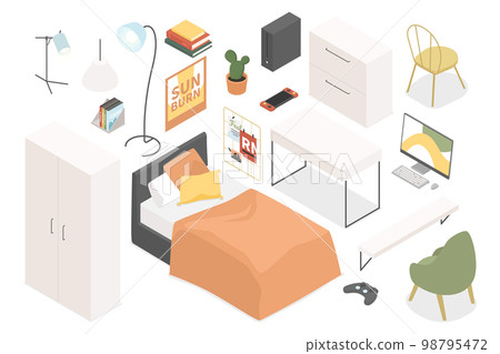 Student dormitory furniture - modern vector colorful isometric illustrations set Student dormitory furniture - modern vector colorful isometric illustrations set 98795472