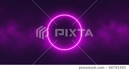 Neon circle frame with smoke cloud, glowing gradient ring with colorful fog. Illuminated realistic night scene. 98795495