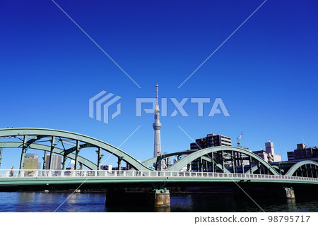 眺望東京天空樹隅田川和馬谷橋的風景 眺望東京天空樹隅田川和馬谷橋的風景 98795717