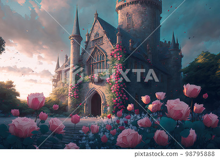 A beautiful castle surrounded by roses 98795888