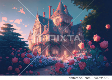 A beautiful castle surrounded by roses 98795889